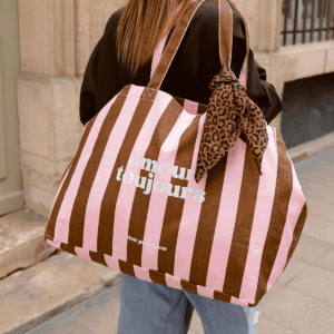 Cabas XXL rayures marron et rose amour toujours