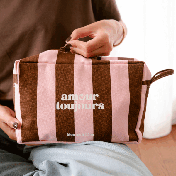 Trousse de toilette Rayures marron et rose Amour toujours