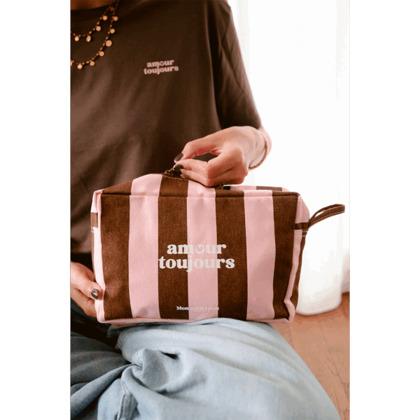 Trousse de toilette Rayures marron et rose Amour toujours – Image 2