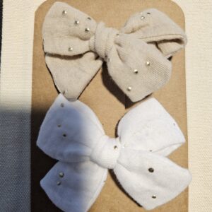 Lot de 2 pinces Noeud gaze de coton blanc et beige